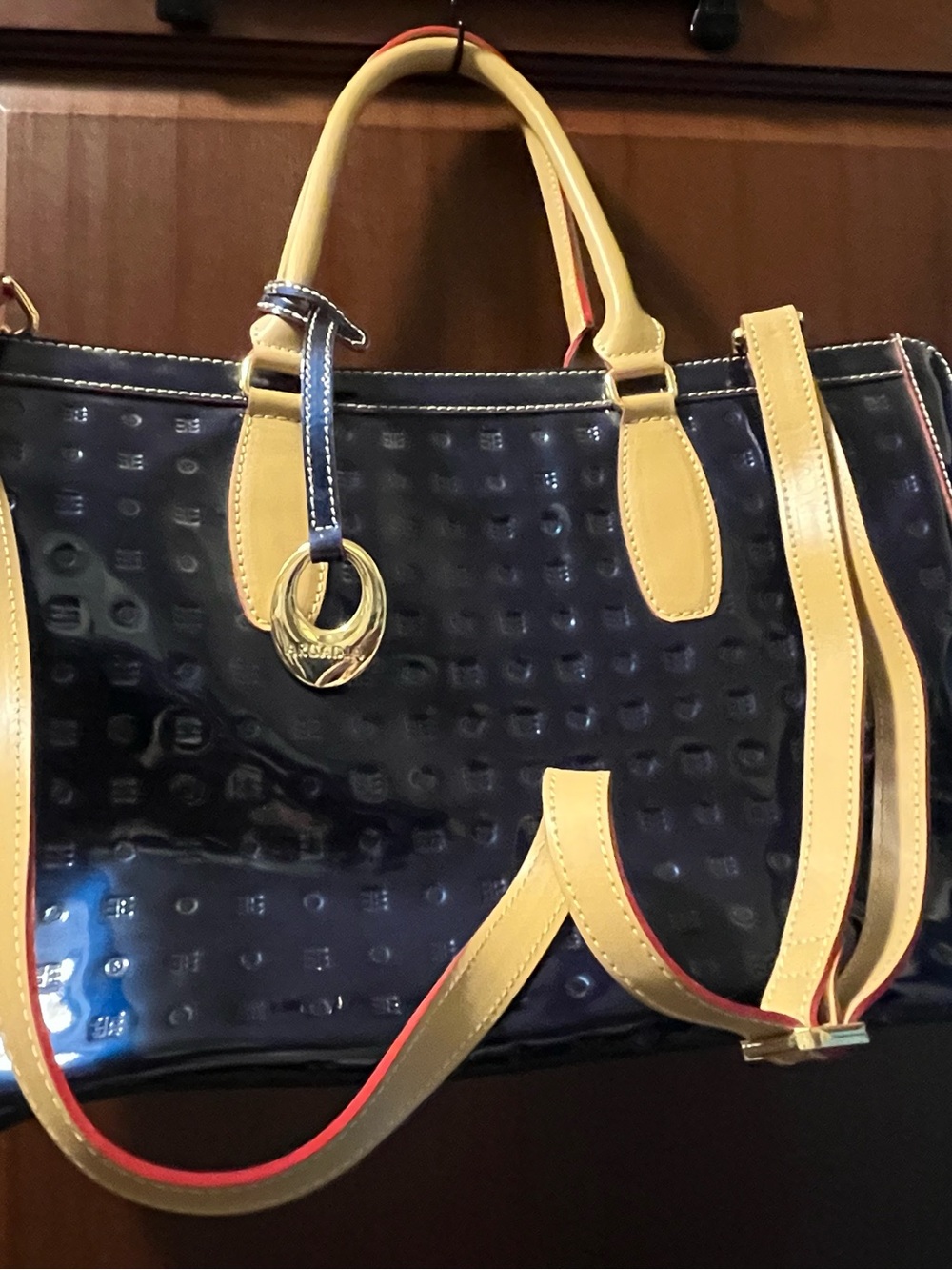 Deep blue Arcadia Patent Tote Bag with Gold Accent